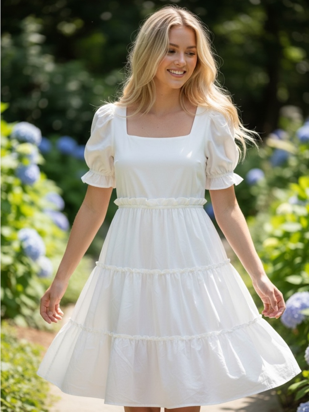 Women's White Square-Neck Tiered Midi Dress with Puff Sleeves